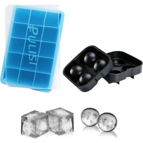 2 Pack Silicone Ice Cube Trays 1 Square Cubes Tray and 1 Large Round Ice Cube Tray Combo Set Ideal for Cocktails Baby Food