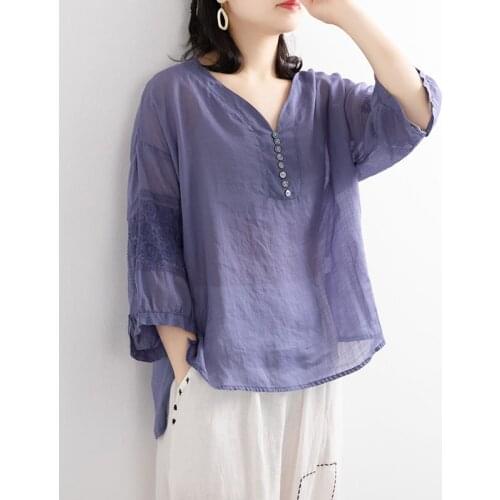 2021 Summer Thin Tops Women Short Sleeve Loose Button V-neck Shirt Breathable Cotton Linen Vintage Blouse Embroidery Plus Size