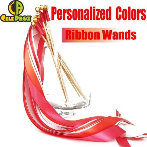 50Pcs Customized Wedding Ribbon Wands Personalized Ribbon Stick With Bell Fairy Twirling Streamers Dancing Props Party Supplies