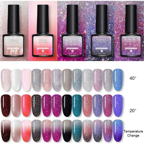 Thermal Nail Polish Gel Shiny Sequins Effect Color Change Varnishes Bling Glitter Soak Off Temperature Color Changing Gel