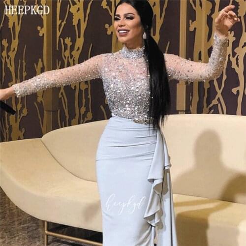Sparkly Crystals Dubai Arabic Evening Dress High Neck Long Sleeves Sheath Sexy Prom Party Gowns Plus Size Formal Dresses