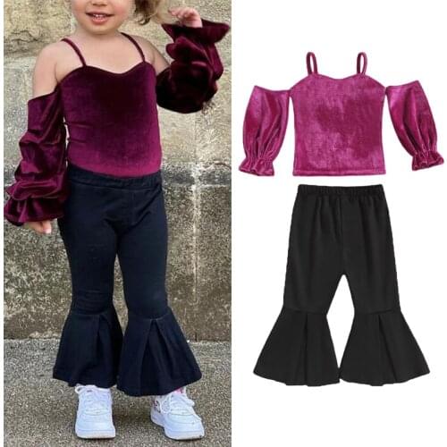 FOCUSNORM 0-5Y Fashion Kids Girls 2pcs Clothes Sets Velvet Solid Off Shoulder Long Sleeve T Shirts + Flare Trousers Pants