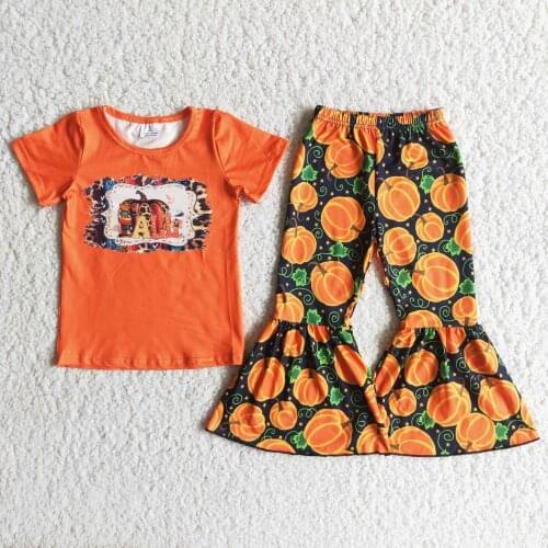 Hallowee 2021 Fashion Girls infant Girls Clothing Sets Pumpkin Shorts Sleeve and Bell Bottoms Pants Boutique kids Outfits