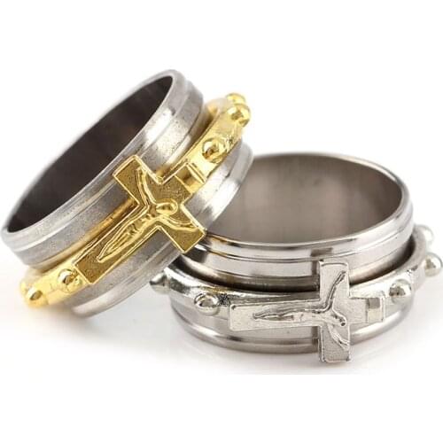 Gold Silver Stainless Steel Ring Multiple Sizes Religious Crucifix Catholic Round Rings Ring Rotatable Alloy Rings lap