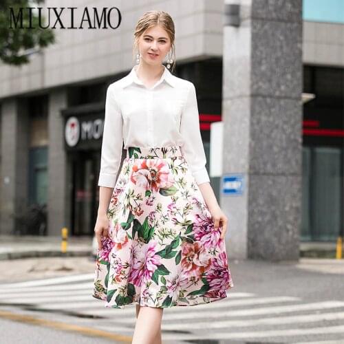 MIUXIMAO 2020 Office Lady Spring Twinset Elegant Solid Women Bloose Flower Print Dress 2 piece set Women Vestidos
