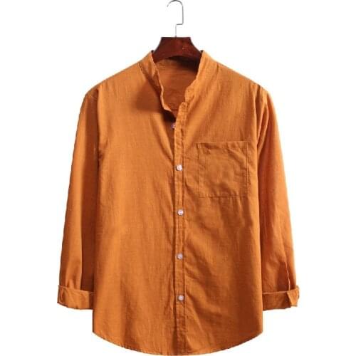 Fahion Men Loose Casual Solid Color Plain Mandarin Collar Pocket Linen Long Sleeve Shirt