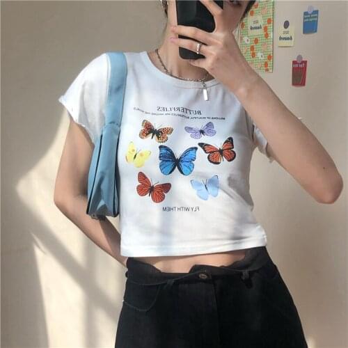 Fashion Trench Butterfly Printed Cropped Tops T-shirts Women Short Sleeve Loose Casual Short T-shirts Ladies 2020 Girls Summer