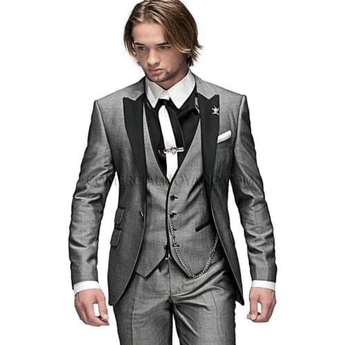 New Arrival Mens Prom Suits Light Grey Groom Tuxedos Wedding Jacket Waistcoat Trousers Suit (Jacket+Pants+Vest+Tie) NO:25