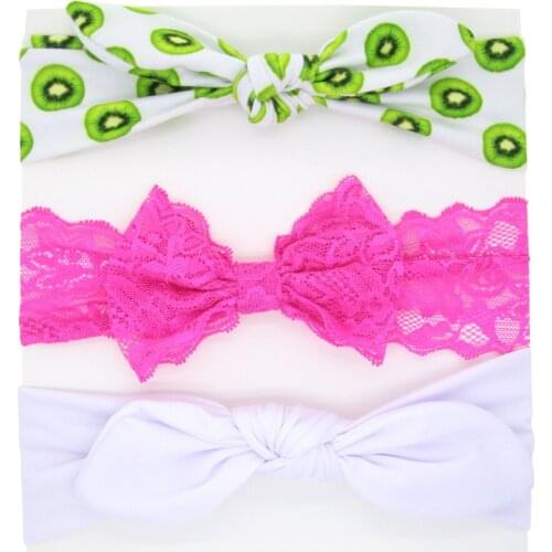 New 3pcs/lot Cute Rabbit Ears Bows Newborn Hairband Soft Printed Fruits Geometry Kid Headwraps Lace Baby Girls Bowknot Headwear