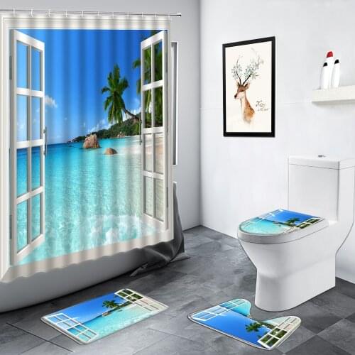 Window Ocean Landscape Shower Curtains Beach Palm Trees Summer Seaside Scenery Bathroom Decor Anti-slip Rug Toilet Bath Mats Set