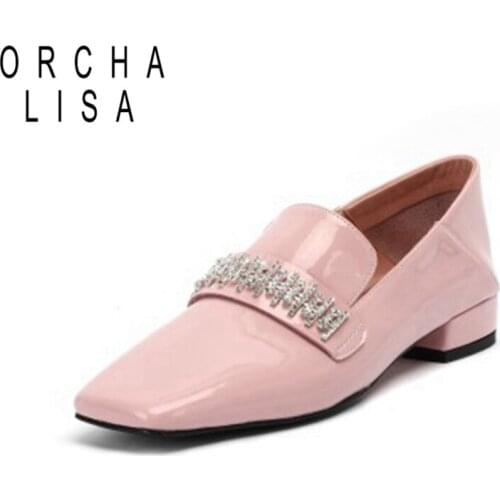 ORCHALISA 2021 Ladies Flats Lofers Patent Leather Slip On Crystal Square Toe 2CM Square Thick Block Heel Slipper Office S2185