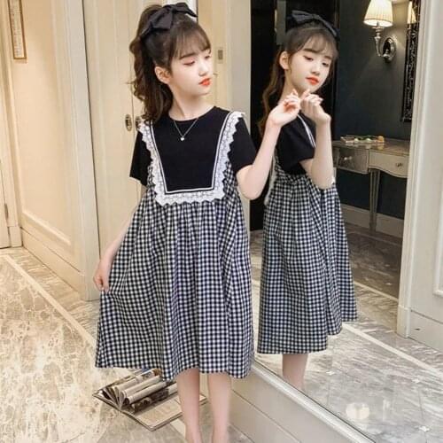 4-14 Years Kids Summer Clothes Girls Plaid Casual Dress Big Little Girl Clothing Patchwork Short Sleeve Childrens dresses 10 12