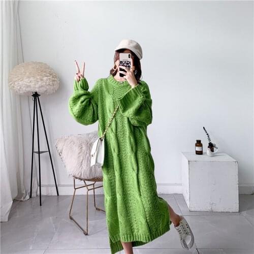 Autumn Winter Women Fashion Loose Casual Sweater Dress O Neck Long Sleeve Thick Knitted Dress Oversized Retro Twisted Warm Dress
