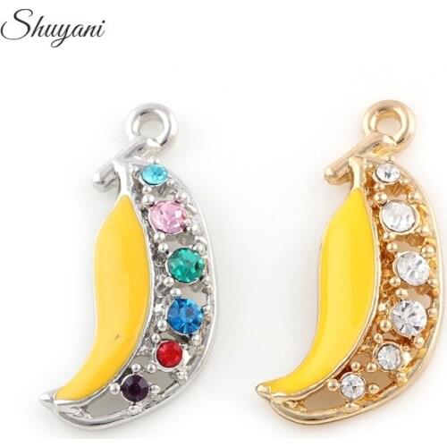 28*13mm Fashion Metal Enamel Crystal Silver Gold Fruit Banana Charms Pendant For DIY Bracelet Jewelry Making Accessories