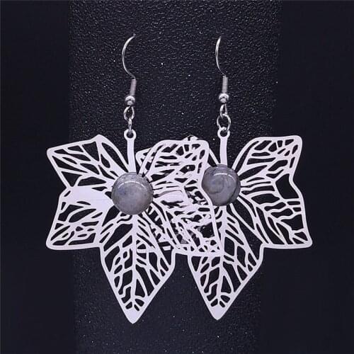 Boho Maple Leaf Natural Flash Stone Stainless Steel Big Drop Earrings for Women Bohemia Jewelry boucles d oreille femme E8008S04