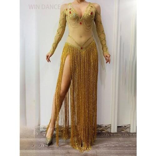 Rhinestone dress tassel sleeve sheer long dresses women sexy indian Gold stage outfit belly dancing music festival performance