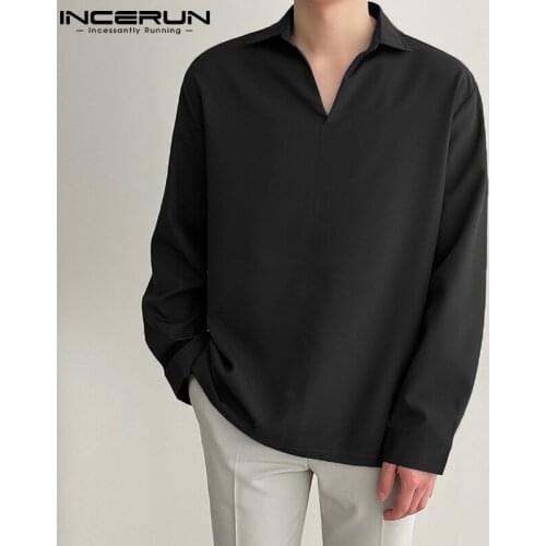 INCERUN Tops 2021 Korean Style New Mens All-match Blouse Loose Solid Color Stand-up Collar Handsome Long-sleeved Camisa S-5XL
