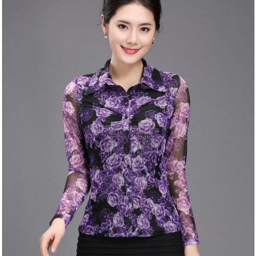 Spring Fall Casual Womens Female Printed Floral Purple Full Sleeve Mesh Stretch Blouse , Woman 4XL Slim Flower Pattern Blouses