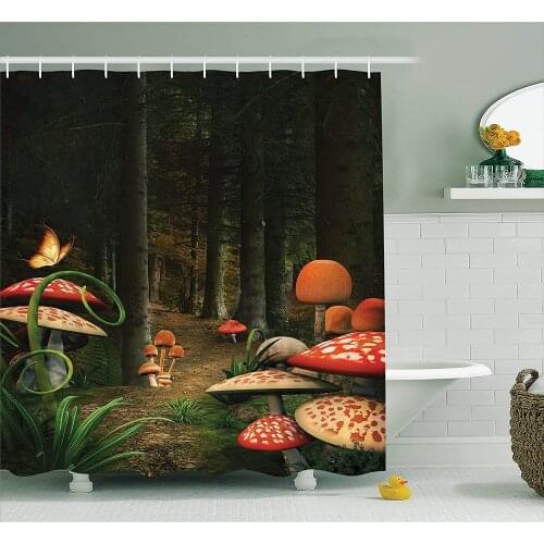 Mushroom Shower Curtain Mushrooms in The Deep Dark Forest Fantasy Nature Theme Earth Path Mystical Waterproof Bath Curtains