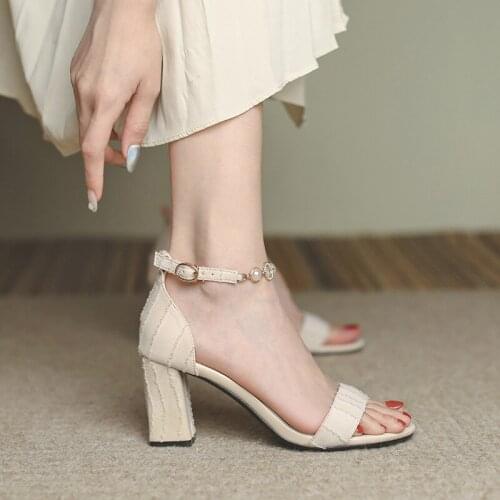 Large Size 35-40 Ladies Sandals Casual Fashion Buckle Solid Color Rhinestone Square Heel Temperament Sandals High Heels