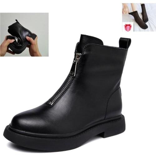 Genuine Leather Womens Short Boots Spring Autumn New Round Head Black High-top Leather Boots Fashion Front Zipper Womens Boots