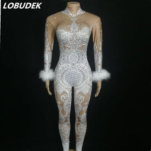 Women Feather Sleeve Lace Printing Skinny Jumpsuit Vintage Sexy Birthday Celebrate Prom Club Party Tights Singer Stage Leotard