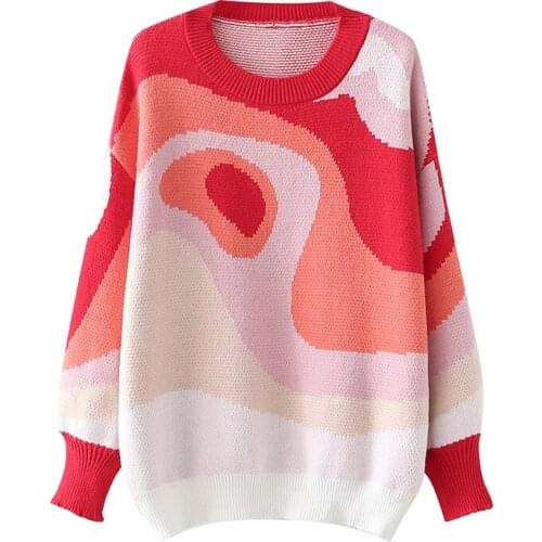 MESTTRAF Women 2021 Fashion Round Neck Printed Loose Sweater Retro Long Sleeve Fall/Winter Casual Pullover Streetwear