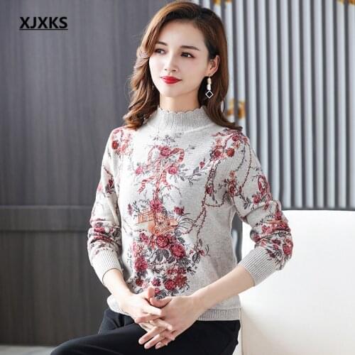 XJXKS Women Turtleneck Sweater 2021 Fall Winter New Comfortable Warm 100% Wool Knitted Sweater Women Print Pullover