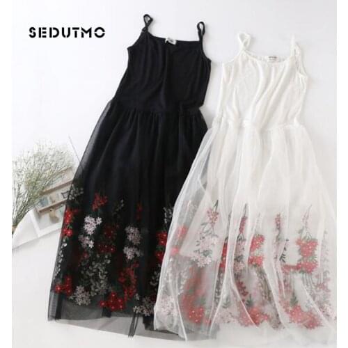 SEDUTMO 2018 Gauze Lace Dress Women Spring Tunic Spaghetti Strap Dresses Embroidery Long Beach Sundress Summer Party Dress ED097