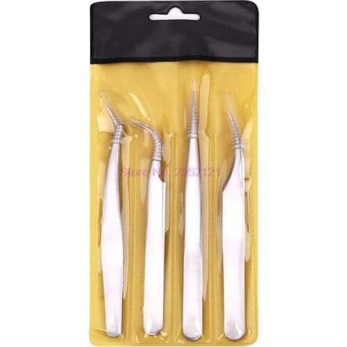 100sets 4pcs/set TOP quality Stainless Steel Tweezers rainbow color Straight Bend Multifunction eyelash tweezers hot