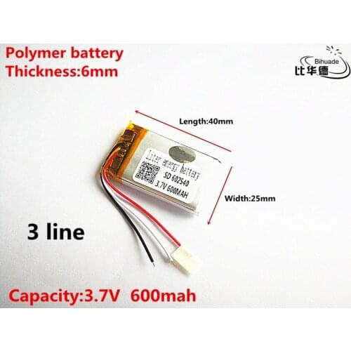 3 line Good Qulity 3.7V,600mAH,602540 Polymer lithium ion / Li-ion battery for TOY,POWER BANK,GPS,mp3,mp4