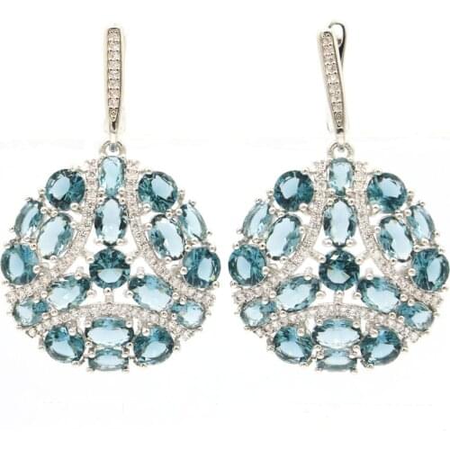 43x27mm Stunning Round Created Dark London Blue Topaz CZ For Womans Silver Earrings Eye Catching Wholesale Drop Shipping