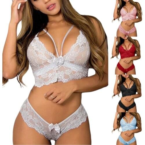 5 Colors Women Lace Lingerie Sets Sexy Solid Wire Free V-Neck Push Up Bra + Lace Bowknot Panty Female Sexy Brief Sets S-5XL