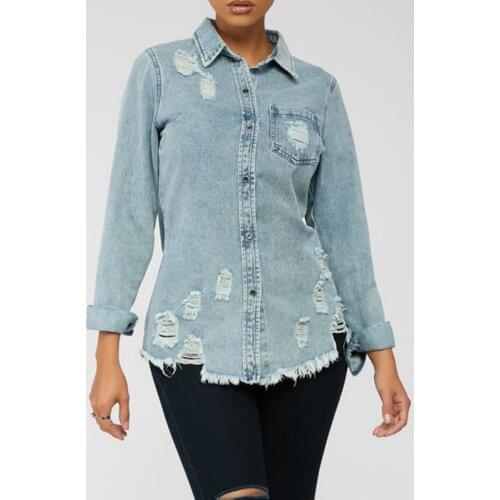 Hole Womens Denim Jacket Turn-down Collar Jean Coat 2021 Autumn Long Sleeve Single Breasted Thin Coats Casual Vintage Slim Tops