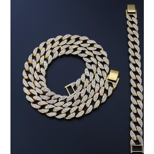 Hip Hop 2pcs Kit Miami Curb Cuban Chain Necklace 13-15MM Gold Iced Out Paved Rhinestones CZ Bling Necklaces Men Rapper Jewelry