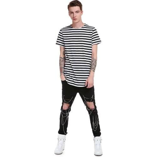 Summer Leisure Men T Shirt Hip Hop High Street Round Hem Stripe Long
