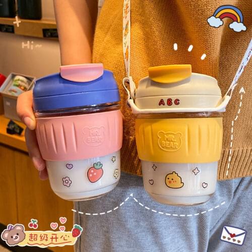 Cute Coffee Glass Cup Heat-resistant Glass Water Bottle Outdoor Portable Water Cup Dinkware Leakproof Milk Juice Cup