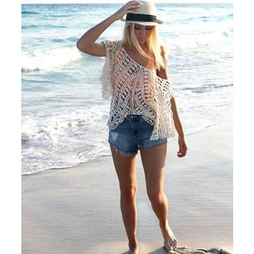 Fashion Lady Womens Bohemian Oblique Shoulder Crochet Hollow Out Lace Loose Top
