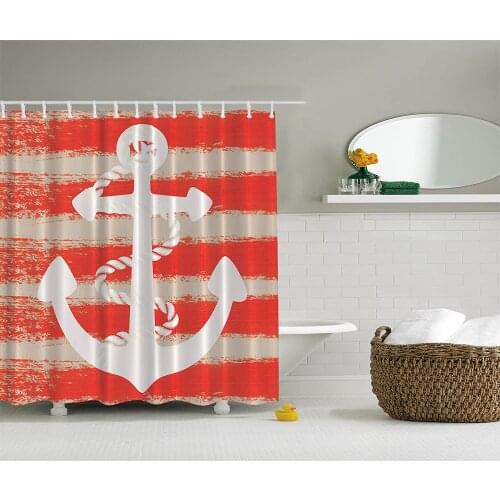 Nautical Maritime Shower Curtain Coastal Decor Vintage Seascape Boat Anchor with Rope Stripes Art Print Wall Decoration Curtains