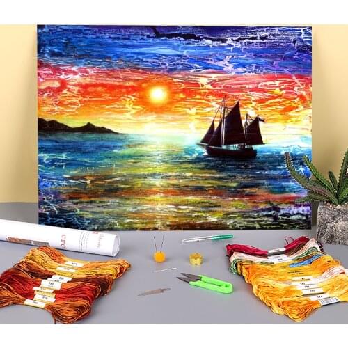 Natural Scenery Sunset Sail Pre-Printed 11CT Cross-Stitch Kit Embroidery DMC Threads Craft Handmade Sewing Wholesale
