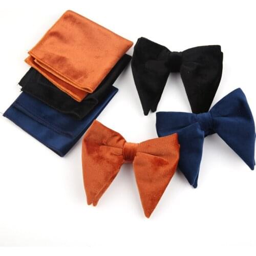 Linbaiway Mens Big Bowtie Handkerchief Set for Men Solid Velvet Bow Tie Pocket Square Set Female Bowties Custom Logo