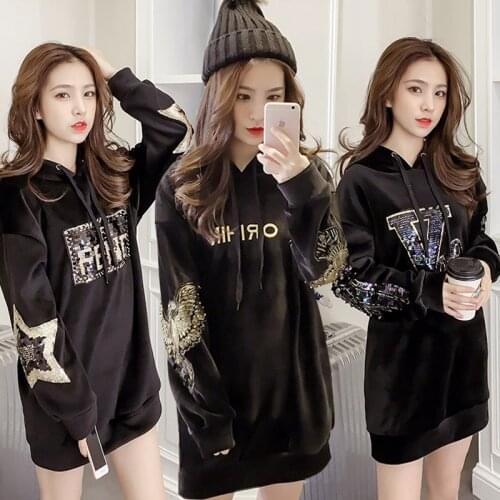 New design womens warm thickening plus velvet inside paillette letter embroidery hooded medium long velvet sweatshirt pullovers