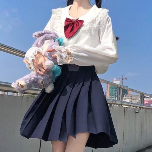 OLOMLB Jk Preppy Style Bow Tie Shirt Womens Japanese Peter Pan Collar Clothing Girls Summer High School Student Soft Sweet Top