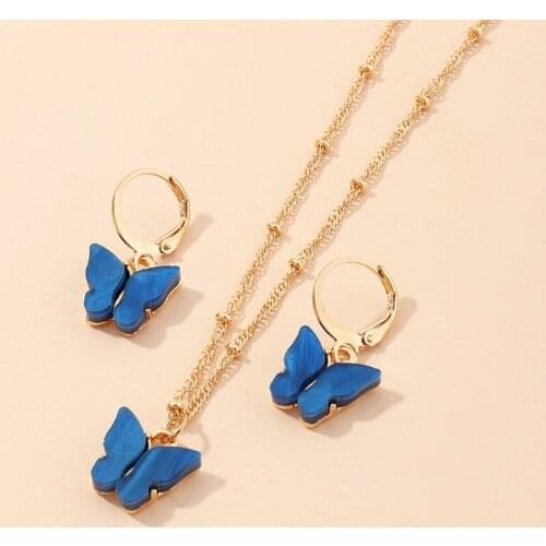 Charm Butterfly Jewelry Sets Blue Pink Yellow Butterfly Necklace Earrings Set for Women Girls Birthday Party Gift