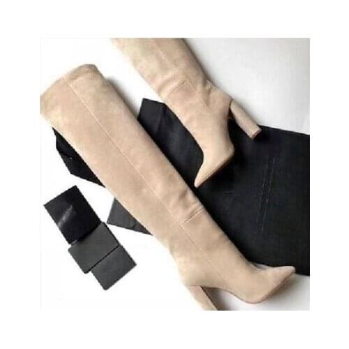 Sexy Beige Suede Women Knee High Boots Pointed Toe Chunky Heels Winter Tall Boots Stretch Women Square Heels Dress Shoes