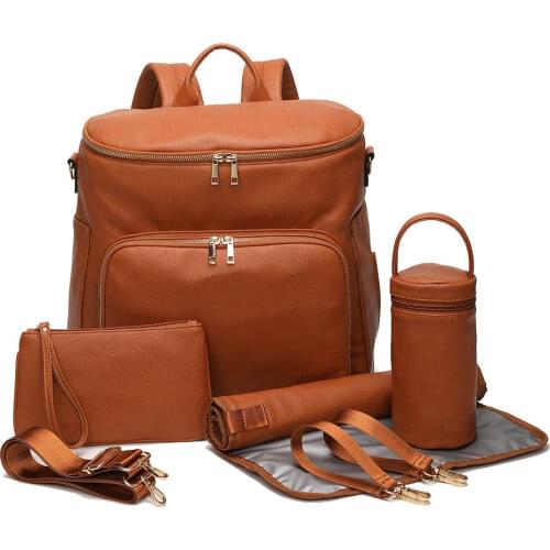 Baby Diaper Bag Backpack Solid PU Leather Mummy Maternity Bag Large Capacity Travel Back Pack Stroller Bags with Changing Pad
