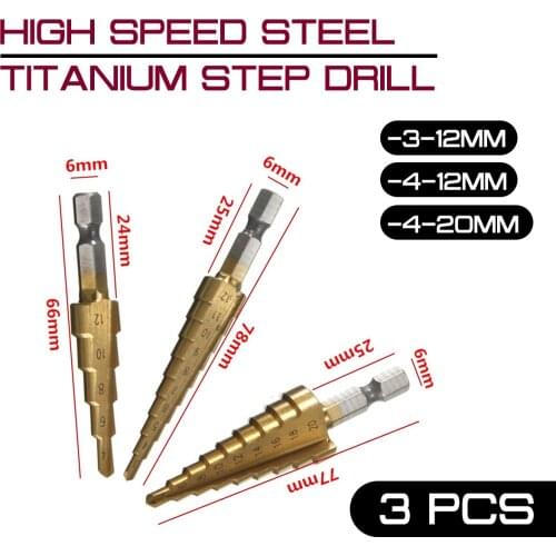 3PCS High Speed Steel Titanium Step Drill Bits HSS 3-12mm 4-12mm 4-20mm Metal and Wood Drilling Power Tools