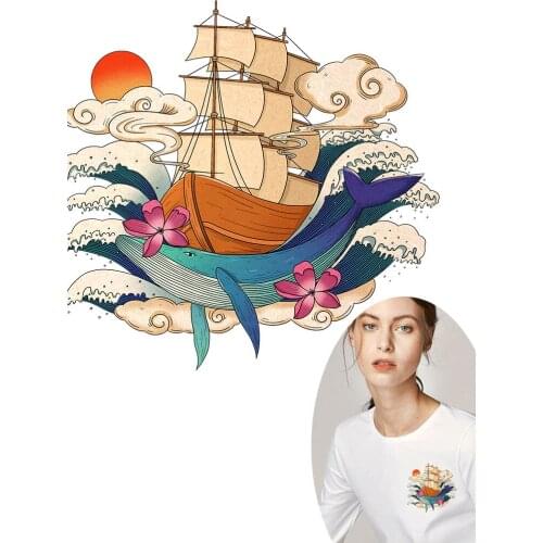 Japanese Sea Boat Whale Iron On Transfers For Clothing Thermo Stickers Heat Transfer Diy Sticker Applique On Clothes Accessories