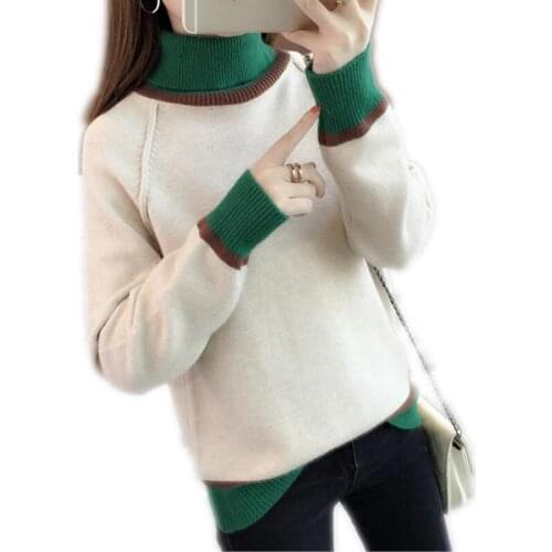 Women Turtleneck Winter Sweater 2018 Contrast Color Autumn Women Knitted Tops Pullovers Slim Long Sleeve Jumper Sweater TopQ1127