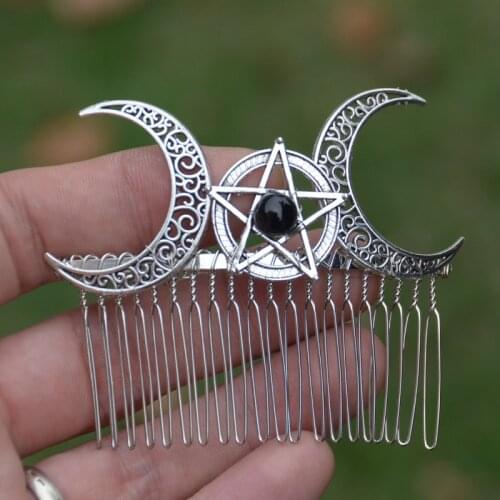 Witch Crescent Moon Hair Comb Pentagram Obsidian Gothic Hairpin For Women